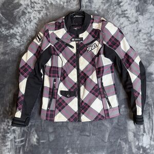 Shift Women's Envy Biker Jacket Long Sleeve Size Small Plaid Pink Black Full-Zip